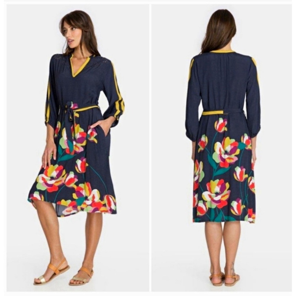 Johnny Was dress Melinda Women XL Navy Blue Multicolor Floral V-Neck  Pocket Tie